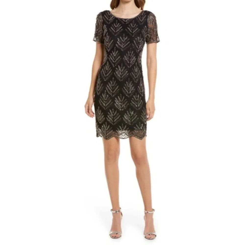 Pisarro Nights Sheath Dress Size 4 Beaded Leaf Short Sleeve Mini Party Elegant